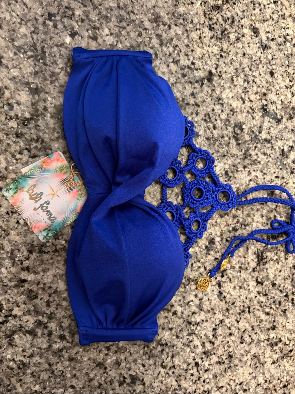 Luli Fama Royal Blue Crochet-Back Bandeau Bikini Top and matching bottoms